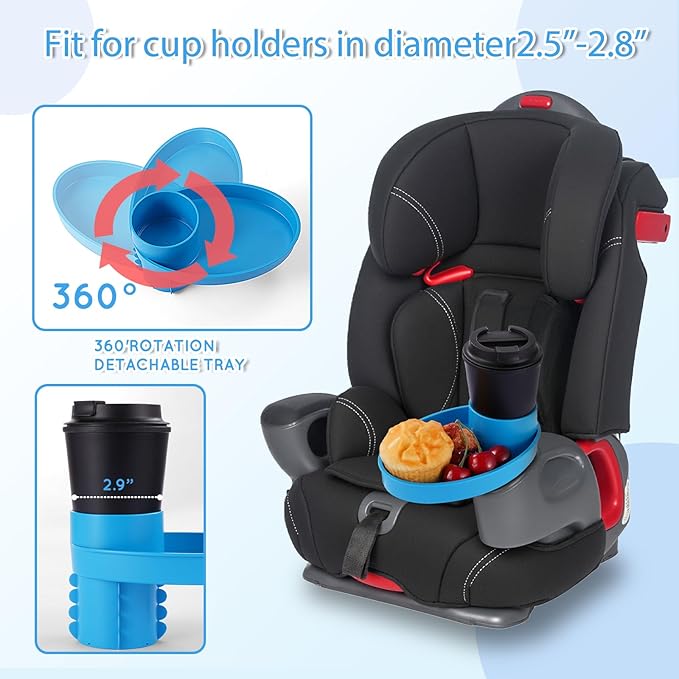 Car Seat Tray - for Cup Holders in 2.5”-2.8”,Easily Expands Snack Tray Cup Holder Tray into 360° Cup & Travel Tray for Kids Car Seat, Booster, and Stroller (Blue)
