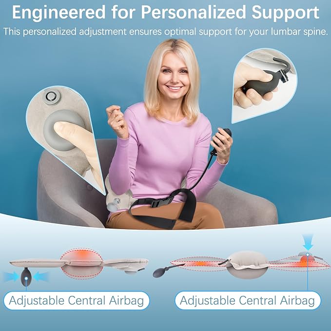 JIPORIER Inflatable Seat Cushion Pillow for Airplane Travel Lumbar Support Pillow for Office Chair/Car Seat Dual-Zone Adjustable Back Support for Reducing Lower Back Pain