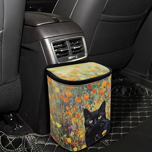 Talayituse Cat Flower Print Car Trash Can with Lid, Leak Proof Auto Trash Bag Hanging Vehicle Garbage Can Multipurpose Storage Container for Back Seat Road Trip