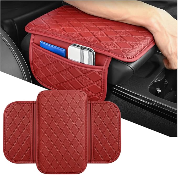 Car Center Console Cover, Leather Vehicle Armrest Pad with 2 Side Storage Bags, Comfortable Auto Interior Middle Console Storage Box Cushion Accessories, Universal for Most Cars (Red)