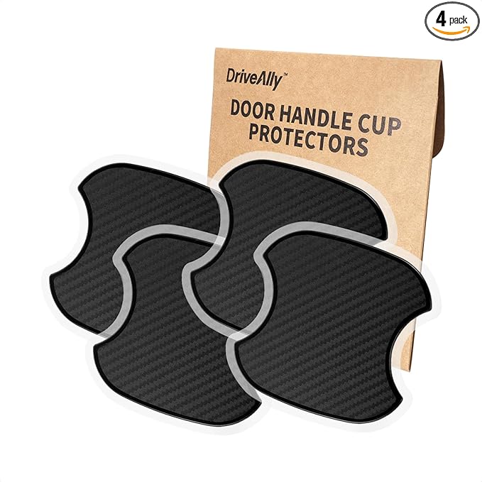 DriveAlly 4Pcs Silicone 3D Carbon Fiber Texture Car Door Handle Cup Protectors Paint Scratch Protector Sticker Vehicle Exterior Accessories 1.5mm Thick Scratch Guard Sticker (Black, Medium)