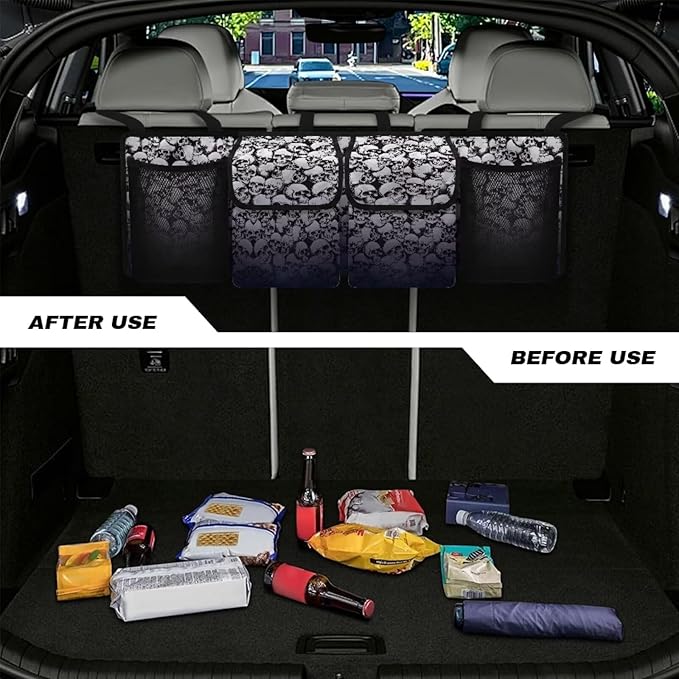 Skull Car Trunk Organizer Oxford Cloth, Machine Washable Car Storage Organizer (37.01"*11.8") Portable Car Storage Bag with 4 Pocekt, Hanging Car Organizer for SUV/MPV/Truck