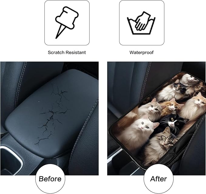 JANENFNA Car Armrest Cover Pads Universal Fashion Cute Auto Center Console Armrest Cover Pad with 2PCS Car Coasters Soft Waterproof Car Armrest Seat Protector for Women,Bunch of Cats
