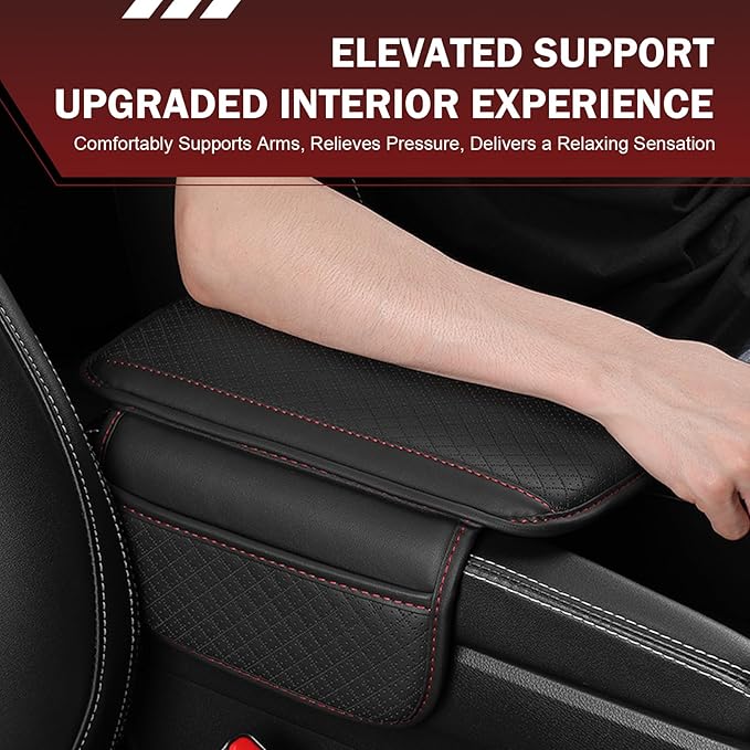 Car Center Console Cover, Perforated Leather Armrest Cushion with 2 Storage Bags, Plaid Arm Rest Box Pad, Car Armrest Storage Box Interior Accessories for Most Vehicles (Black & Red)