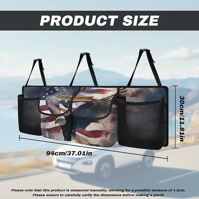 Car Storage Organizer New Version, Hanging Trunk Organizer with 4 Functional Storage Bags, Car Trunk Storage Bag for SUV Truck MPV VAN,American Flag Eagle Cross Patriotic Religious
