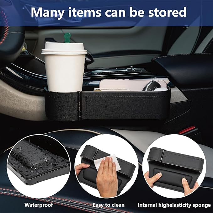 LELOYMO Car Seat Gap Filler Organizer,2 Pack Car Leather Cup Holder Gap Bag,Car Seat Storage Box with Cup Holder Expander,Car Organizer Front Seat for Holding Phone, Glasses, Keys, Cards (Black)