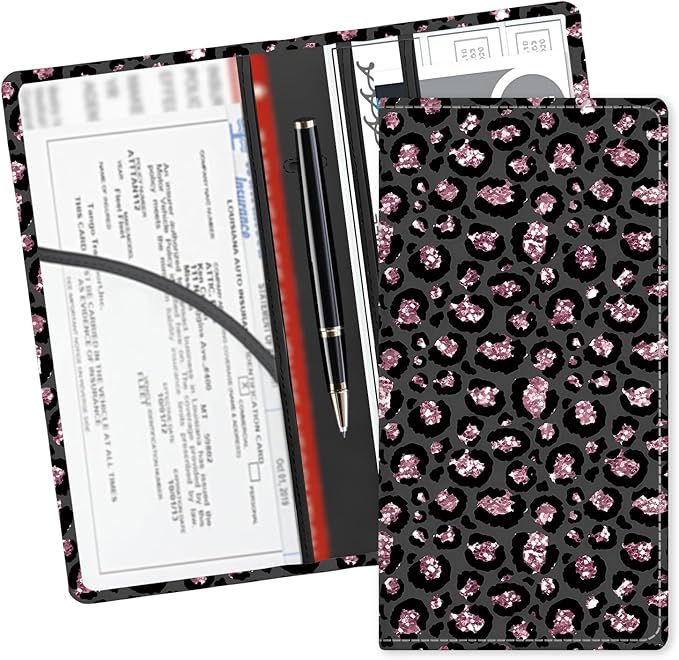 ADUQLZUX Leather Car Registration and Insurance Card Holder, Cute Car Accessories Vehicle Glove Box Car Organizer for Documents, Cards, License Glitter Sliver Leopard