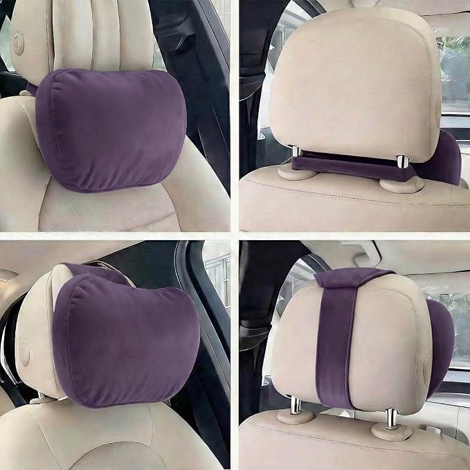 2PCS Car Pillow for Car Neck Pillow for Driving Seat Leather Neck Support Soft Cushion Back Support Head-Rests for Vehicle Sleeping with Elastic Adjustment Strap (Violet, Head and Lumbar)