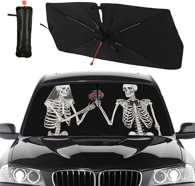 DOPINDU Funny Skull Car Windshield Sun Shade Umbrella Bendable Handle Foldable Skeleton Sunshade for Car Windshield Block UV Rays Keep Vehicle Cool for Most Sedans SUV Trucks Cars 57"x30"