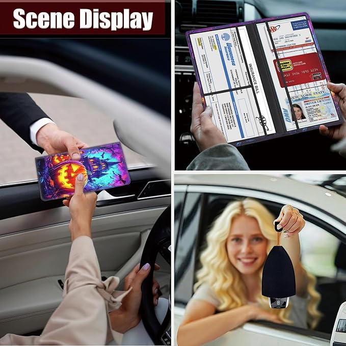 Car Registration Holder, PU Leather Vehicle Glove Box Organizer for Driver License, Document, Car Insurance Holder with Magnetic Shut, Auto Paperwork Wallet Accessories, Halloween Pumpkin Castle