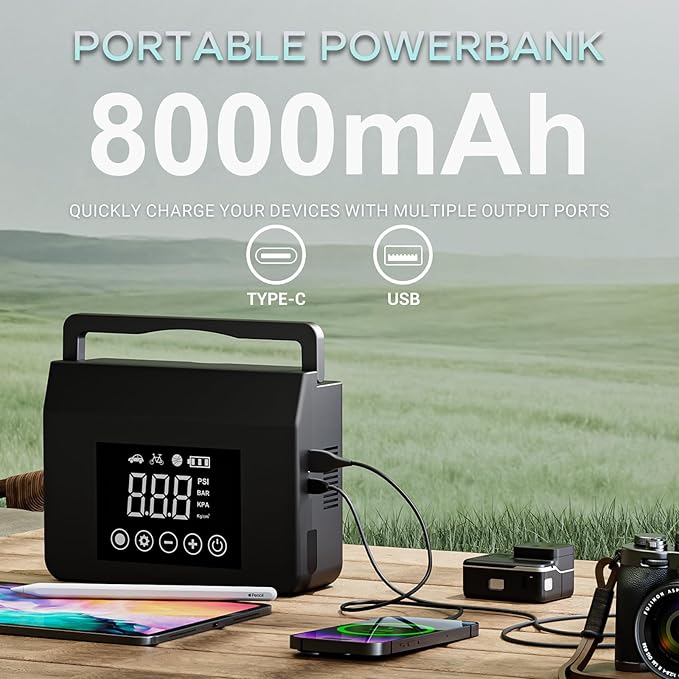 Hieha 4000A Portable Jump Starter with Air Compressor, 12V Car Battery Power (All Gas 8L Diesel) with 150PSI Tire Inflator 8000mAh PowerBank & Quick Charge, Flashlight, Emergency kit for Car, Truck