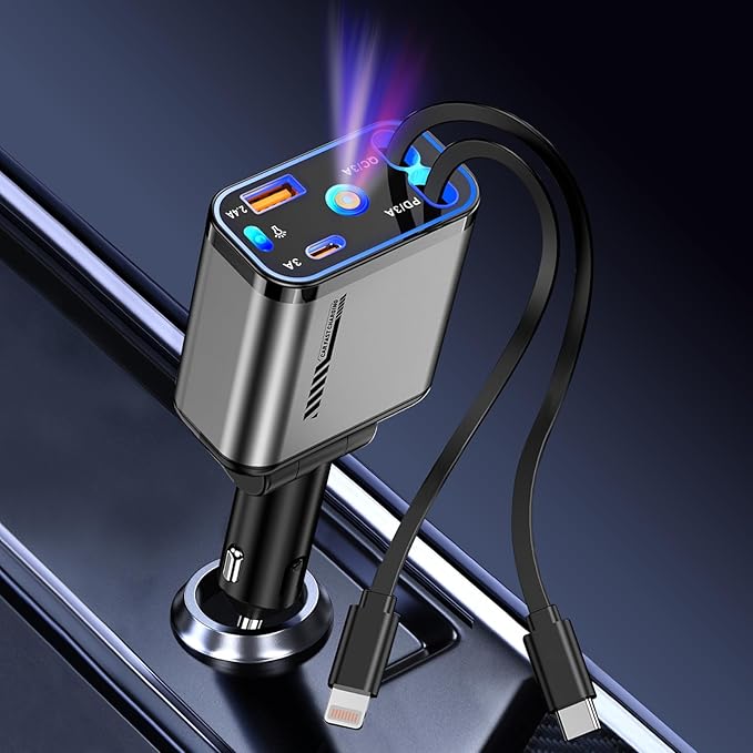Retractable Car Charger 120W Fast Charging with Starlight,4 in 1 Universal Car Phone Charger,Built-in Type-C & Applehead Cable,Car Road Trip Retractable Accessory for iPhone,IPad,Samsung Galaxy,Pixel