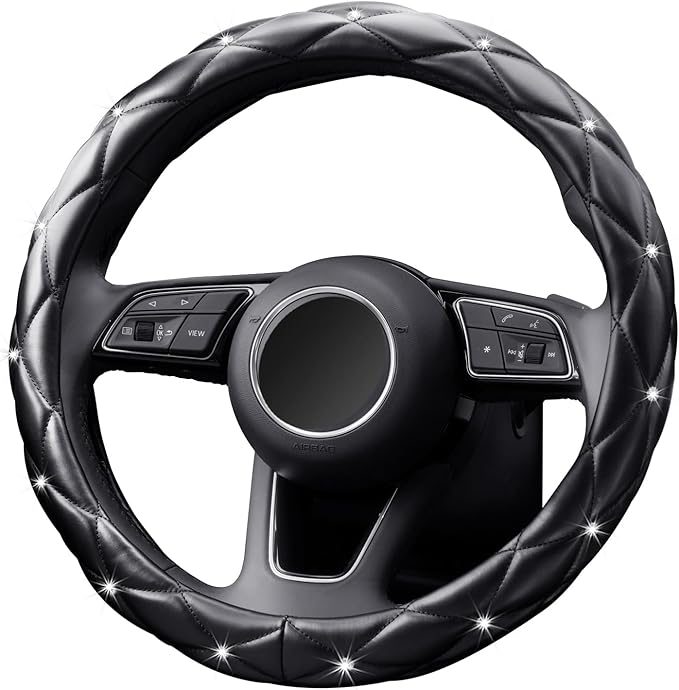 YOGURTCK Diamond Soft Leather Anti-Slip Steering Wheel Cover with Bling Bling Crystal Rhinestones, Universal 15 Inch for Women Girls, Fit Vehicles, Sedans, SUVs, Vans, Trucks - Black