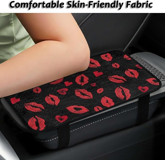 CLOHOMIN Red Kiss Lips Car Center Console Cover Fashion Car Arm Rest Cushion Flannel Auto Console Covers Fluffy Armrest Cover Auto Accessories for Most SUV Van Truck