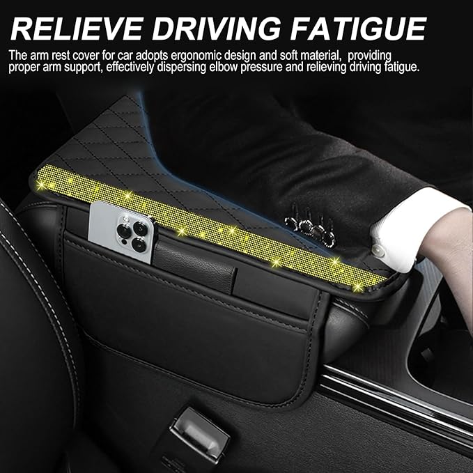 Bling Car Center Console Cover, Leather Car Arm Rest Cover Cushion with 2 Storage Bags, Universal Auto Armrest Protector Storage Box, Bling Accessories Interior for Most Vehicles (Yellow Diamond)