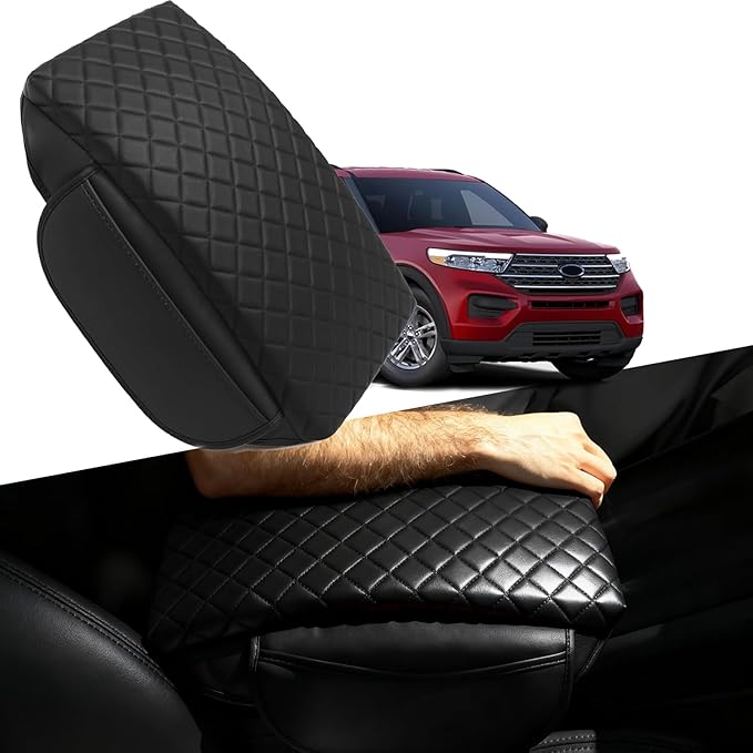 Thickened Armrest Cover Fit for Ford Explorer 2020-2024 2025 Center Console Cover Accessories, PU Leather Arm Rest Covers Lid Protector Seat Box Cushion Pad with Pockets Storage Bag