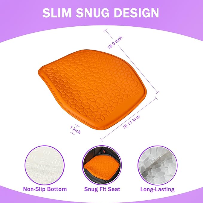 Thin Gel Seat Cushion for Car Seat, Office Chair, Wheelchair, Golf Cart - Non-Slip Car Seat Cushions with 0.7 Inch Gel - Sciatica & Coccyx Pain Relief (Leather, Orange)