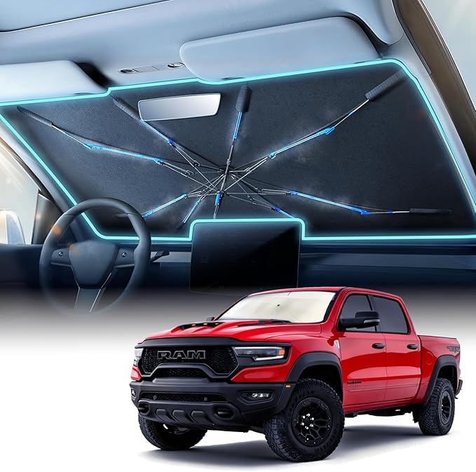 for RAM Trucks Nmoiss Windshield Sun Shade Umbrella — Custom Large Fit for RAM 1500/2500/3500, 99% UV Blocking, Protects Truck Interior from Extreme Heat (61" × 35")