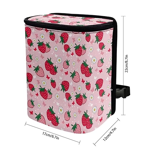 KEIAHUAN Pink Strawberry Car Trash Can Hanging Cute Detachable Garbage Bag for Back Seat Foldable Multipurpose Trash Bin Container Storage Suitable for Sedans, SUVs, Vans