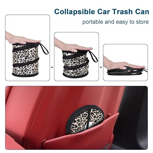 Kincown Car Trash Can, 2 Packs Mini Collapsible Car Trash Bin for Front Back Seat, Pop up Car Garbage Can, Portable Car Trash Bag Hanging for Vehicle SUV Rv Truck Accessories Interior, Leopard Print