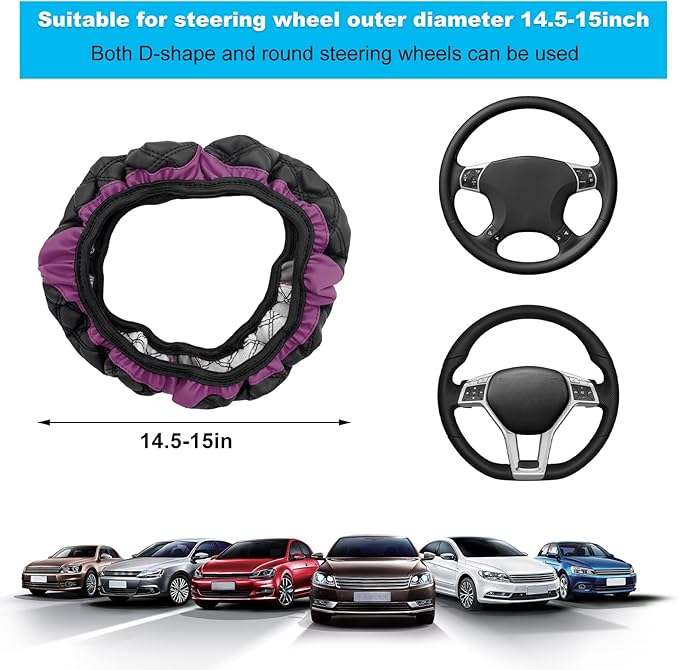 Car Steering Wheel Cover, 15 Inches Non-Slip Leather Car Steering Wheel Protector, Universal Steering Wheel Soft Cover Mats for Car Truck SUV, Interior Car Accessories (Purple)