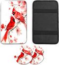 JANENFNA Car Armrest Cover Pads Universal Fashion Cute Auto Center Console Armrest Cover Pad with 2PCS Car Coasters Soft Waterproof Car Armrest Seat Protector for Women,Cute Cardinal Bird