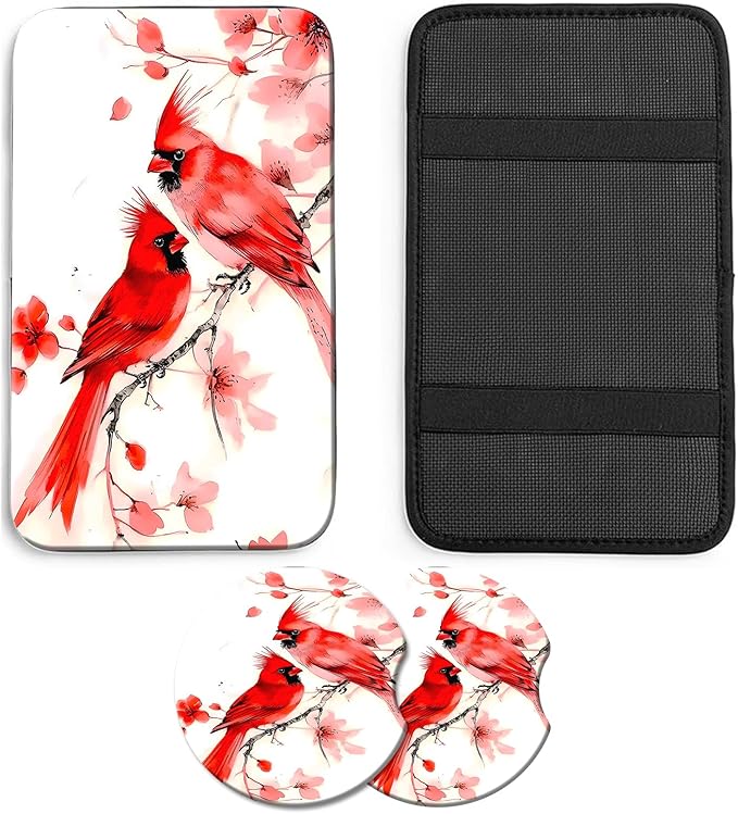 JANENFNA Car Armrest Cover Pads Universal Fashion Cute Auto Center Console Armrest Cover Pad with 2PCS Car Coasters Soft Waterproof Car Armrest Seat Protector for Women,Cute Cardinal Bird