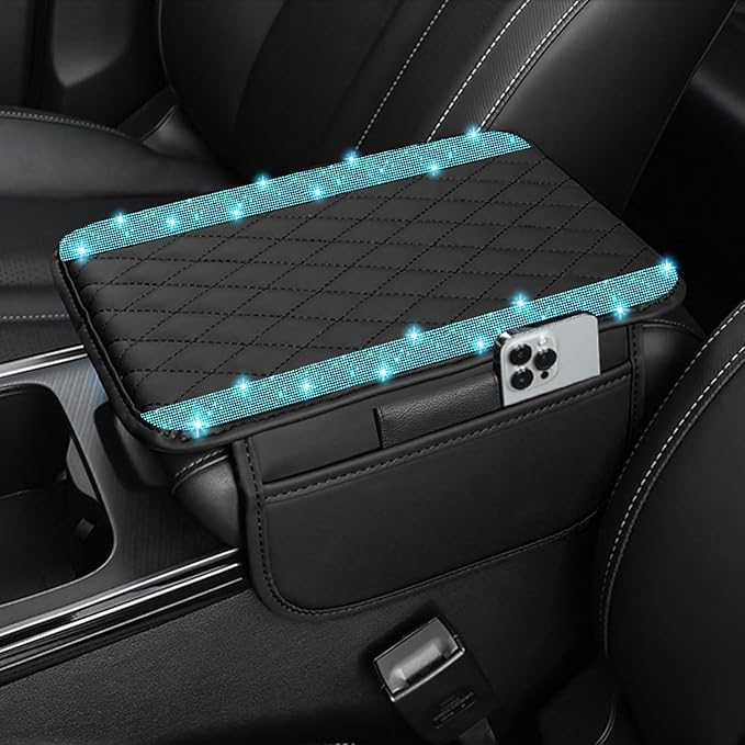 NBTEPEM Bling Car Center Console Cover, Leather Car Arm Rest Cover Cushion with 2 Storage Bags, Universal Auto Armrest Protector Storage Box, Bling Accessories Interior for Most Vehicles (Aquamarine)