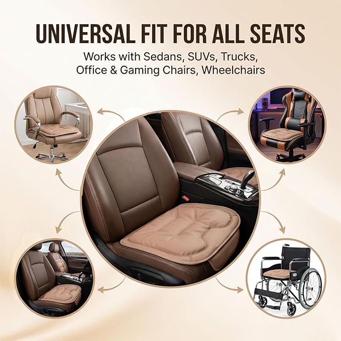 Car Seat Cushions, Skin-Friendly Leather Seat Cushions, Comfort Breathable Scratch Wear-Resistant, Memory Foam Seat Pad for Car, Office or Home Chair (Brown)