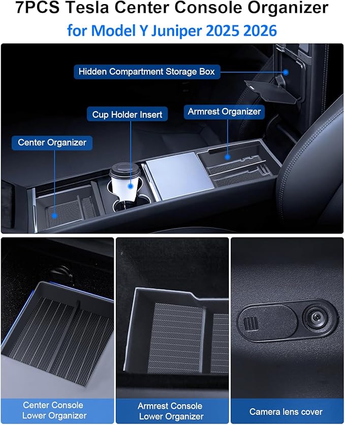 cybtkcar 7PCS for Tesla Center Console Organizer Model Y Refreshed Juniper Accessories 2025 2026 Armrest Tray Cup Holder Center Lower Organizer Armrest Lower Organizer Hidden Compartment Storage