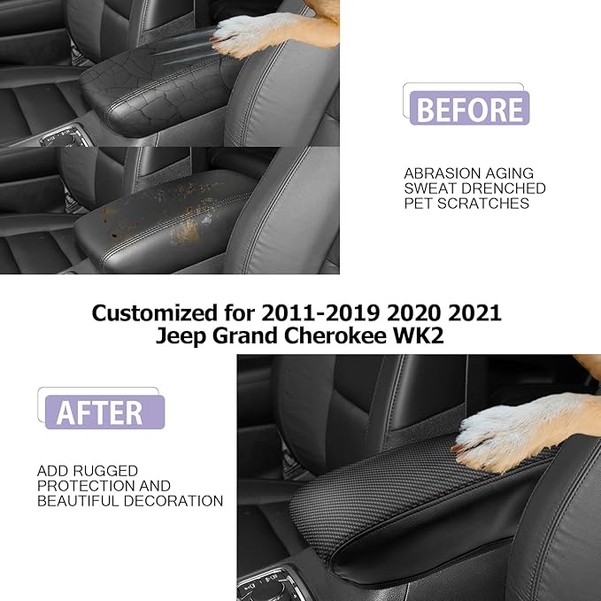LUWU Grand Cherokee Center Console Cover Compatible with 2011-2021 Jeep Grand Cherokee Accessories Grand Cherokee WK2 Armrest Console Cover Armrest Cover Center Console Pad Soft Leather Black