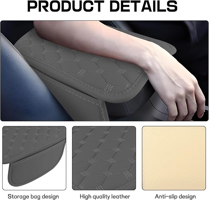 Car Center Console Cover, Leather Auto Armrest Cover Protector, Waterproof Armrest Center Console Pad with 2 Storage Bags, Universal Armrest Seat Box Pad for Vehicle SUV Truck (Gray)