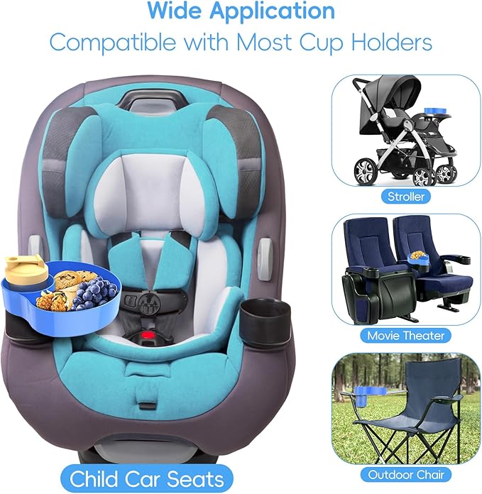 2PCS Resptasski Car Seat Cup Holder Snack Tray for Kids – Travel Tray for Car, Booster, Stroller, Outdoor Essentials Kit. Universal Adjustable Tray with Detachable Base for Snacks, Toys, Food (Blue)