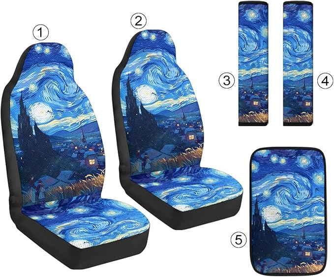 Psesaysky 5PCS Leather Auto Interior Decor, Blue Starry Sky Universal 2 Front Seat Covers, Armrest Cover, 2 Seat Belt Covers, Car Accessories Gift Set for Men Women