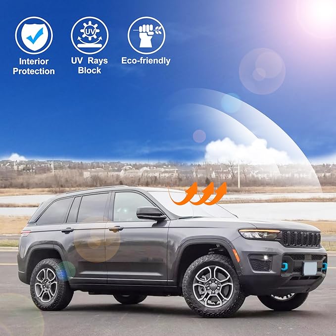 Windshield Sun Shade Custom Fit for 2024 Jeep Grand Cherokee 4XE Accessories Foldable Sunshade Sun Blocker Protect Car from Sun Rays & Heat Damage Keep Car Cooler