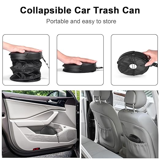 Car Trash Can, Pop up Collapsible Bin with Lid, Small Car Garbage Can for Back Seat Front Seat, Portable Bag with Hanging Hook, Vehicle Truck SUV Trash Bin
