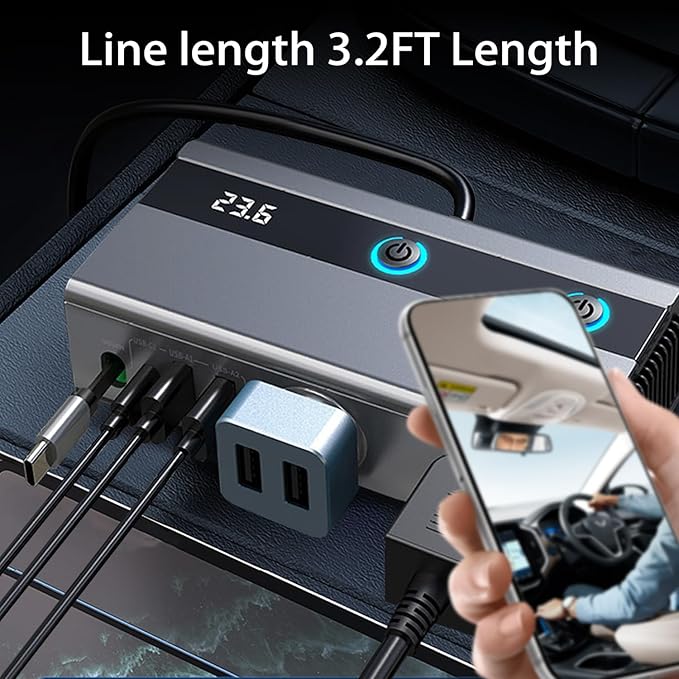 9 in 1 Cigarette Lighter Splitter Adapter with Retractable Phone Charger, 120W 3 Socket Heavy Duty Truck Car USB Chager Multi Port with PD/QC Charge USB C 12V/24V Independent Switches for Car Devices