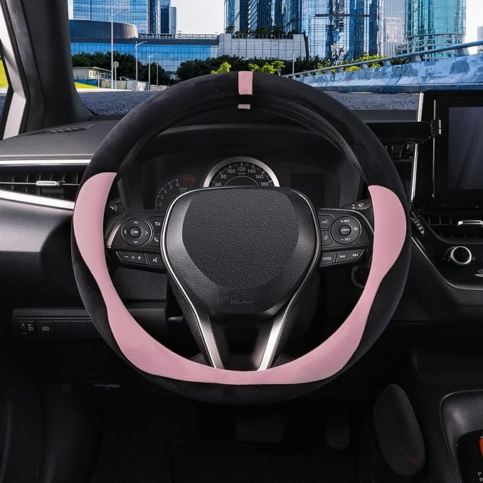 COFIT Plush Steering Wheel Cover Winter, Soft Warm Furry Grip Protector for Cars SUVs Trucks, Fits 14.5-15 Inch, Non-Slip Interior Accessory, Pink