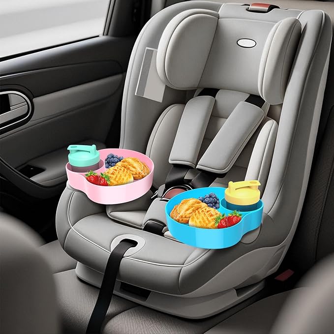 2PCS Car Seat Snack Tray for Kids: Kids Car Tray with Cup Holder, Toddlers Road Trip Essential, Travel Snacks Food Plate Cup Holder (Sky Blue&Pink)