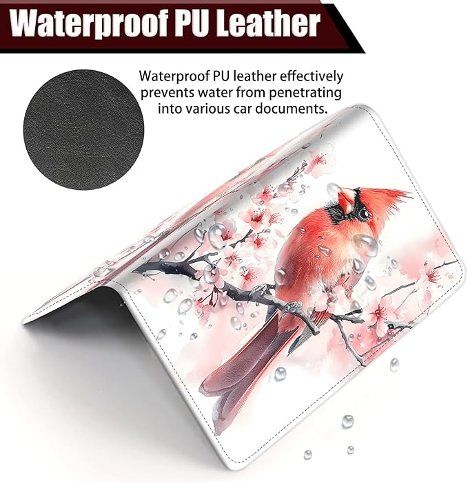 Car Document Holder with Magnetic Shut, Car Registration and Insurance Card Holder, Vehicle Glove Box Organizer Documents, Driver License, Auto Paperwork Organizer Wallet, Red Bird In Cherry Blossoms