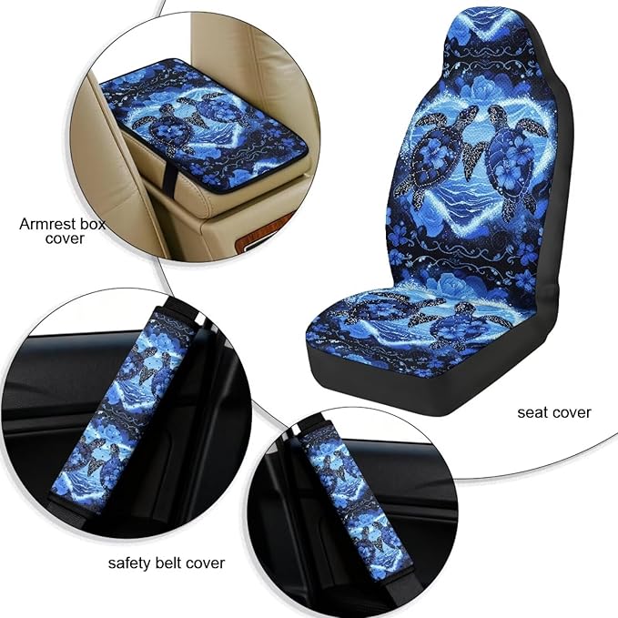 Qeluxign 5 Pieces Car Seat Cover Full Set, Sea Turtle Floral Seat Covers Car Seatbelt Pads Vehicle Center Console Armrest Cover Pad for Truck SUV Sedan Automotive Interior Decoration Accessorie