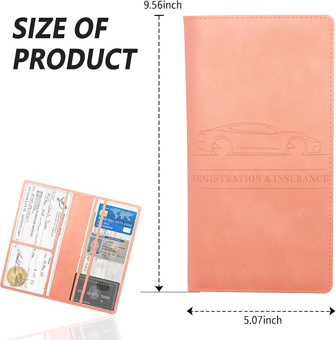 Car Registration and Insurance Holder,PU Leather Car Glove Box Organizer Car Document Holder for ID,Driver's License,Universal Car Organizer Car Accessories for Women/Men (Pink)
