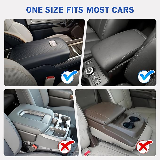 Leather Car Center Console Cover – Soft Armrest Cover Cushion with Side Pockets, Non-Slip Backing, Scratch-Resistant & Waterproof, Fits Most Cars SUVs Trucks, Black