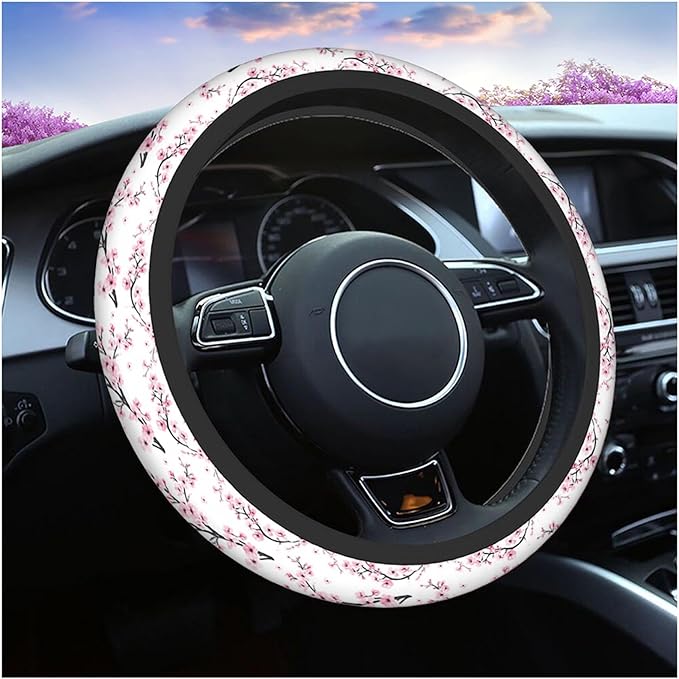 Swono Steering Wheel Cover for Men Women Watercolor Flower Branch of Cherry Blossom Flower Pink Universal 15 Inch Anti-Slip Odorless Breathable Car Wheel Protector