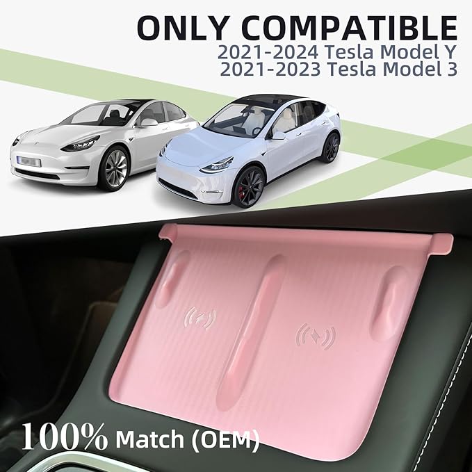 WinDu Center Console Wireless Charging Mat for Tesla Model 3 Model Y, Non-Slip Waterproof Silicone Mat Charging Protective Pad for Tesla Accessories Model 3 (2021-2023) and Model Y (2021-2024), Pink