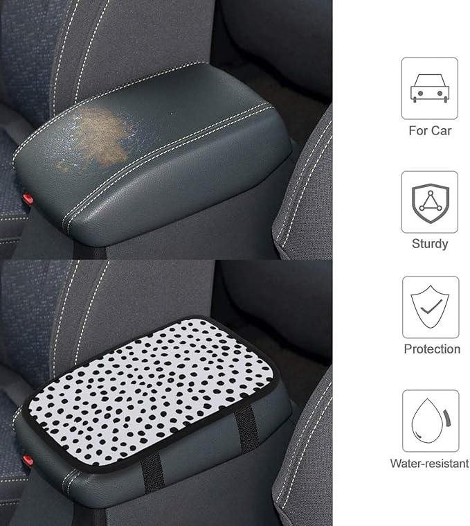 Animal Print Dots Black White Dalmatian Car Center Console Cushion Pad,Waterproof Armrest Seat Box Cover Protector,Comfortable Car Decor Accessories Fit for Most Cars, Vehicles, SUVs