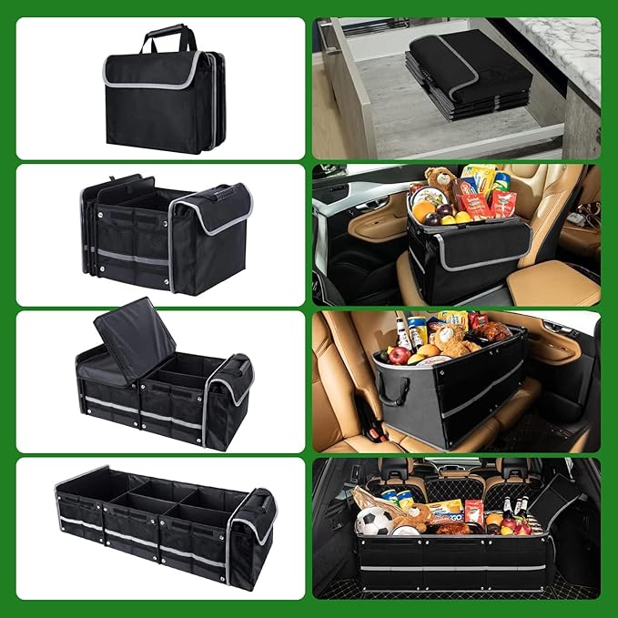 Car Trunk Organizer,115L Heavy Duty Collapsible Trunk Storage, with Insulated Leakproof Cooler Bag Vehicle Cargo Organizer with Lid, 3 Compartments, Straps For Car,Suv,Jeep,Sedan-Black