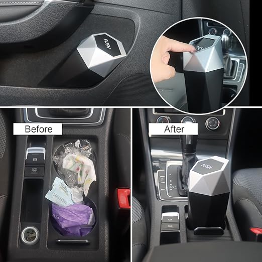LoyaGour Car Trash Can Bin,Small Garbage Can with Lid,Automotive Cup Holder Mini Cars Trashcan,Portable Cars Door Trash Cans,Car Essentials Gadgets Dustbin (1Pcs, Silver)