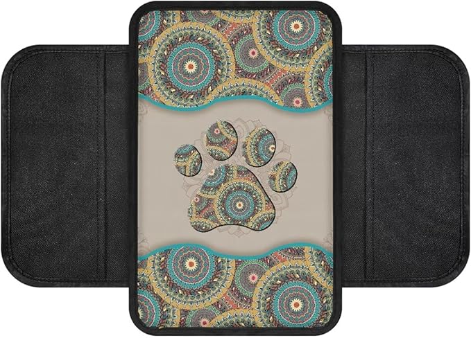 BIGCARJOB Boho Paw Print Car Center Console Cover with Side Storage Cute Paw Print Center Console Armrest Cover Auto Center Console Cover Pad,Universal for Most Cars, Trucks, SUVs
