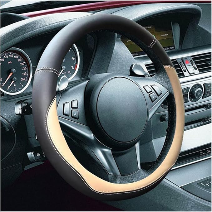 14.5"-15" Car Steering Wheel Cover, Microfiber Leather Cover, Anti-Slip Breathable Steering Wheel Decoration, Universal Steering Wheel Accessories for Diverse Cars (Beige)